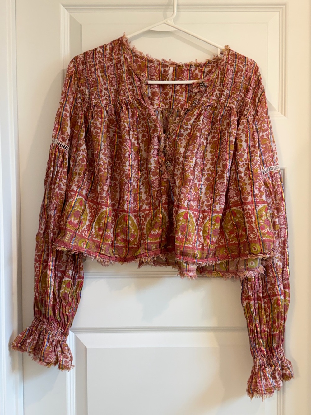 Free People Pink Multi Floral Smocked Peasant Top